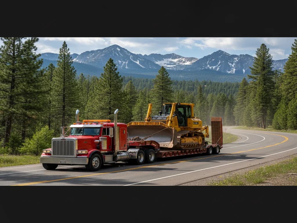 Lowboy trailer hauling a bulldozer on a mountain highway