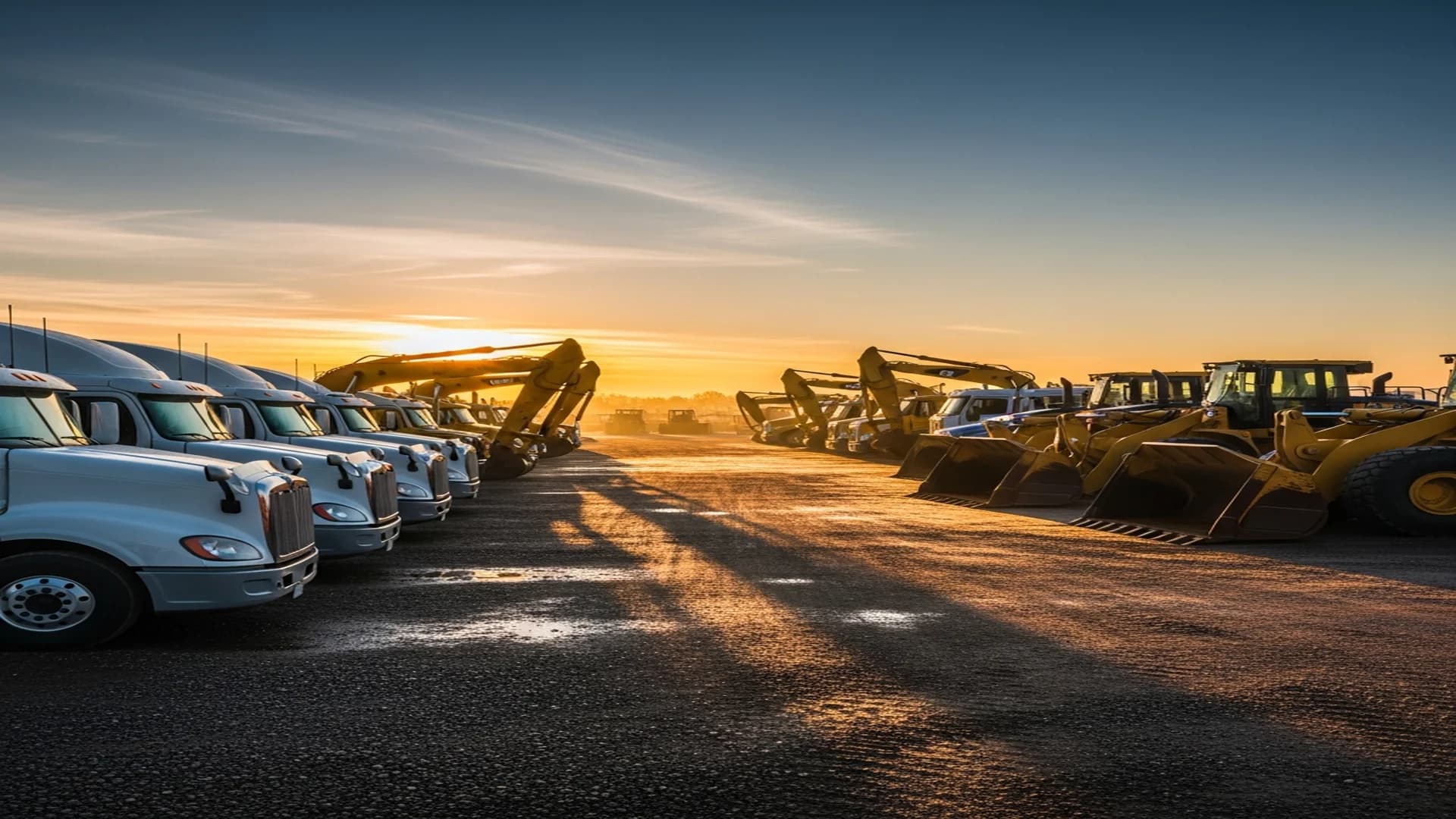Heavy equipment and semi trucks parked in a yard at dawn