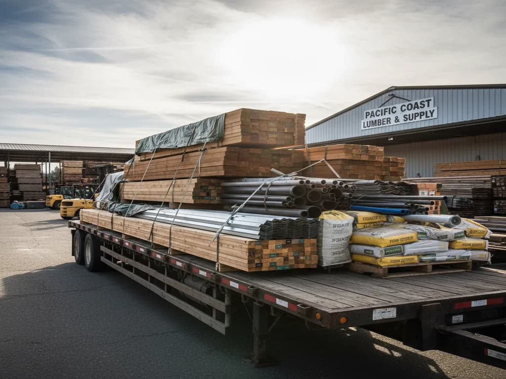 Flatbed trailer loaded with construction materials at a lumber yard